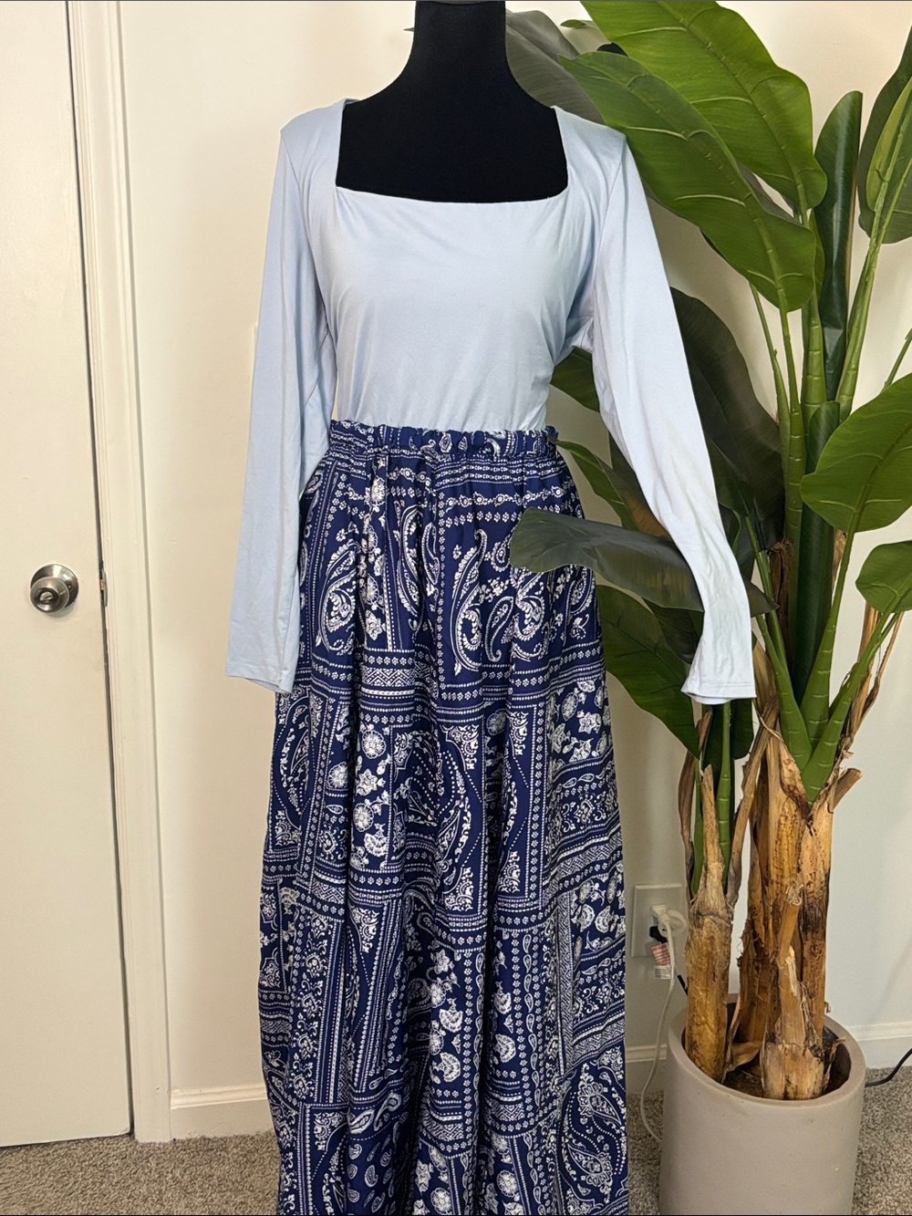 FULL OUTFIT: Light Blue Long-Sleeve Top with Navy Paisley Maxi Skirt